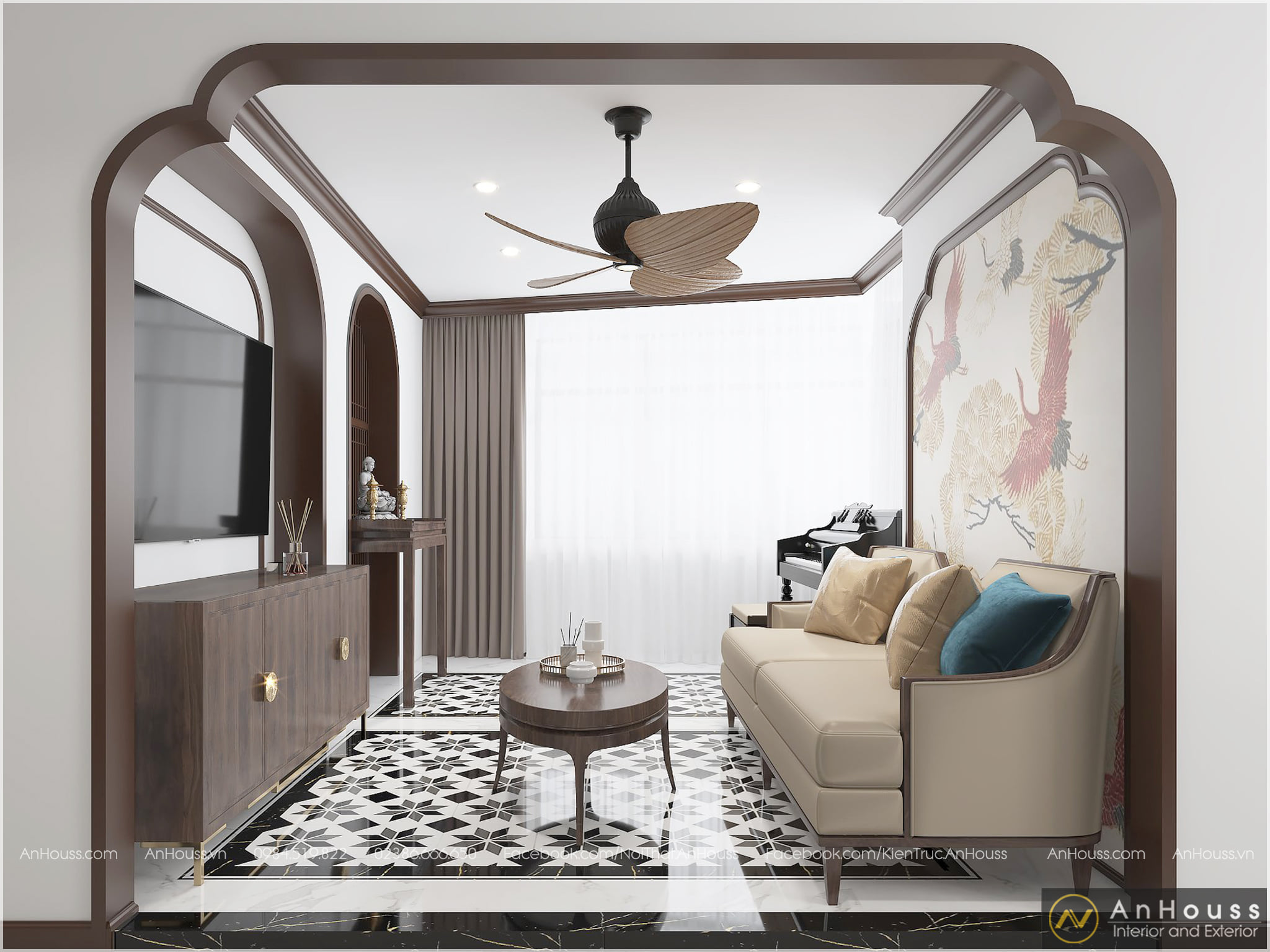 Hình ảnh 3D nội thất Phòng khách + bếp